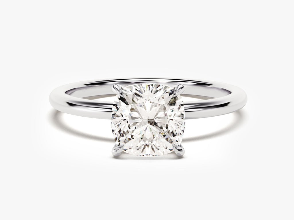 Side angle of cushion solitaire diamond engagement ring