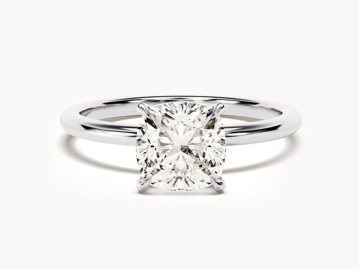 Side angle of cushion solitaire diamond engagement ring