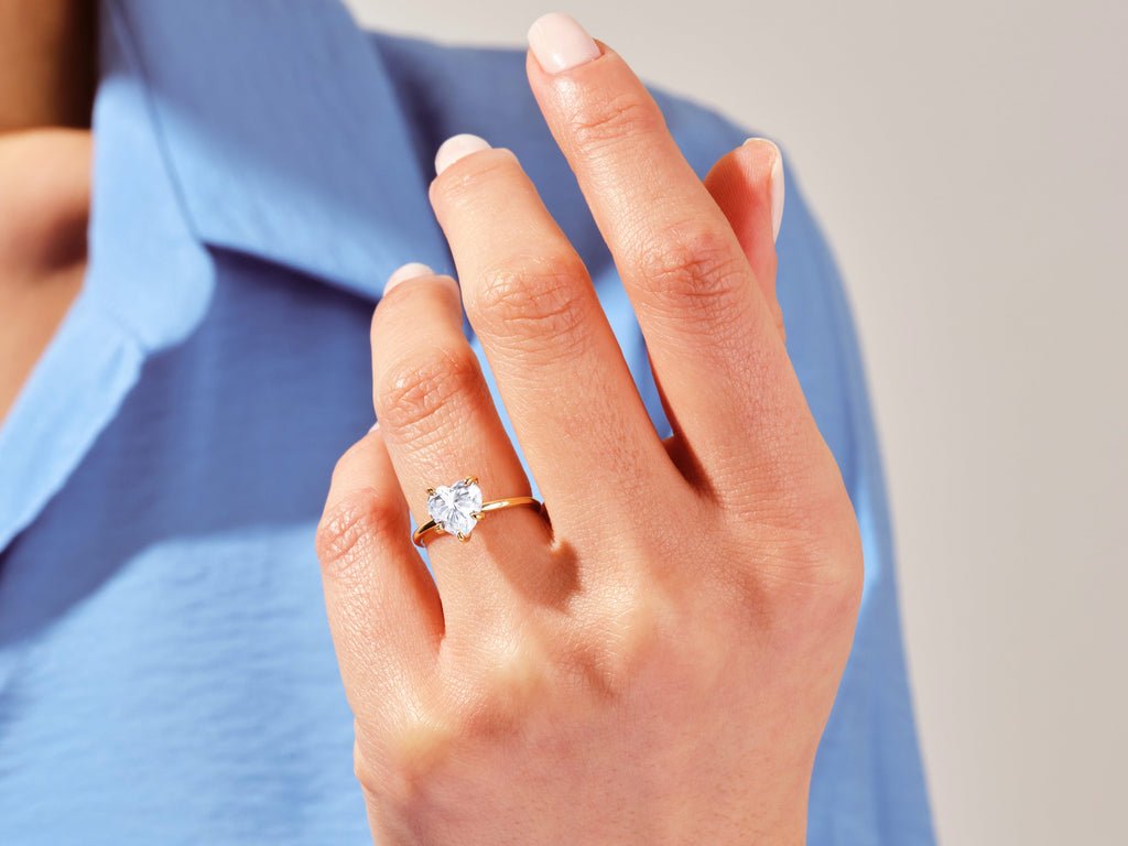Unboxing view of heart cut solitaire diamond engagement ring