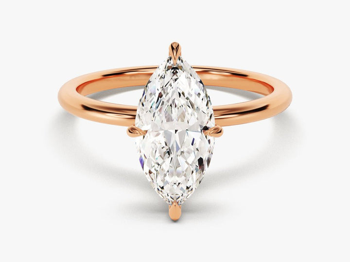 Marquise solitaire lab grown diamond ring side profile in gold setting