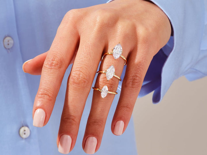 Marquise cut engagement ring side view showing band detail