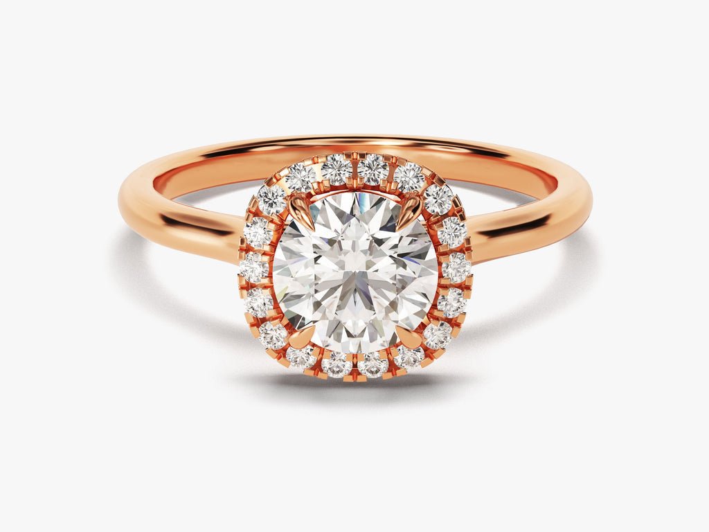 Certified round cut diamond featured in halo engagement ring