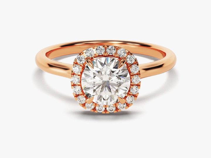 Certified round cut diamond featured in halo engagement ring