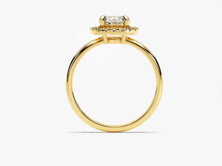 Round cut halo engagement ring shown in real-life wear