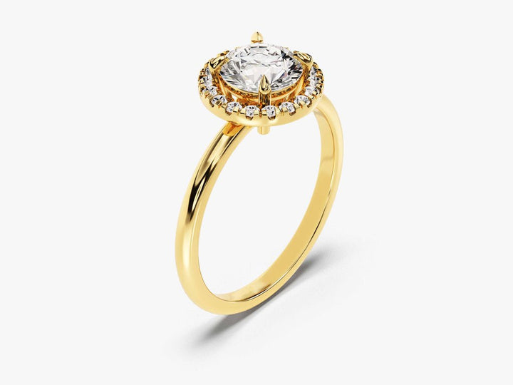 Lifestyle shot of round halo diamond ring on hand