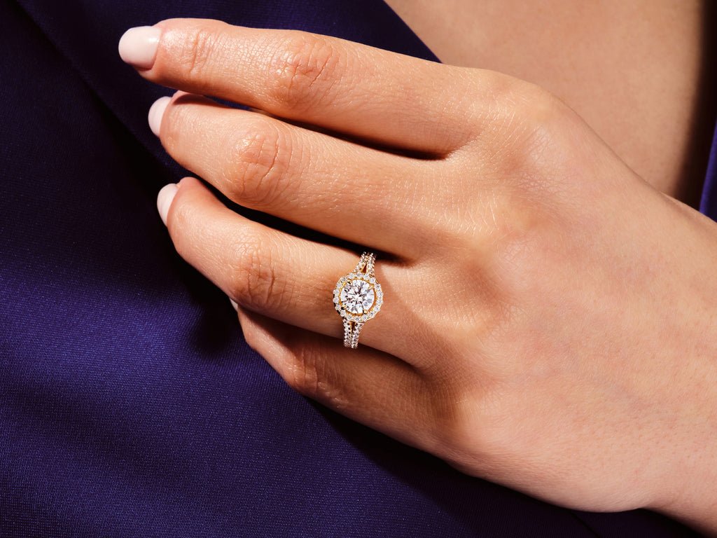 Top-down view of round cut solitaire engagement ring