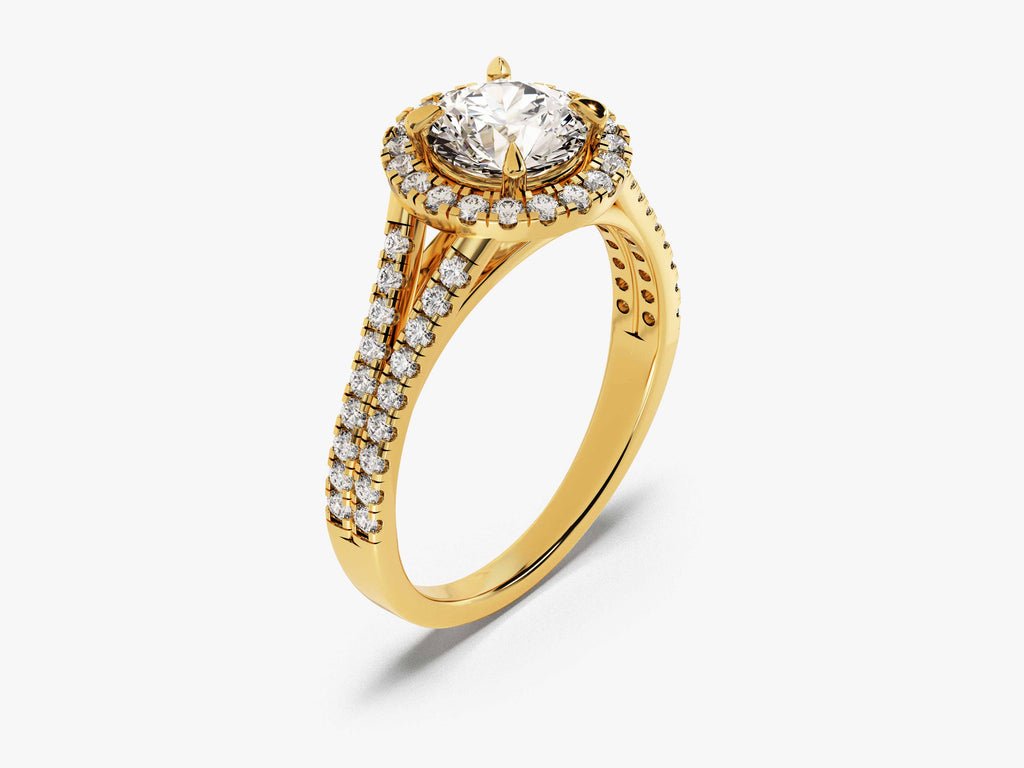 Round solitaire engagement ring photographed in natural light