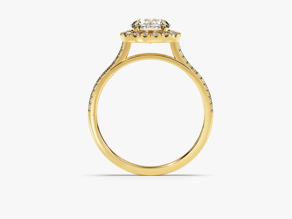 Round pave engagement ring close-up highlighting diamond sparkle