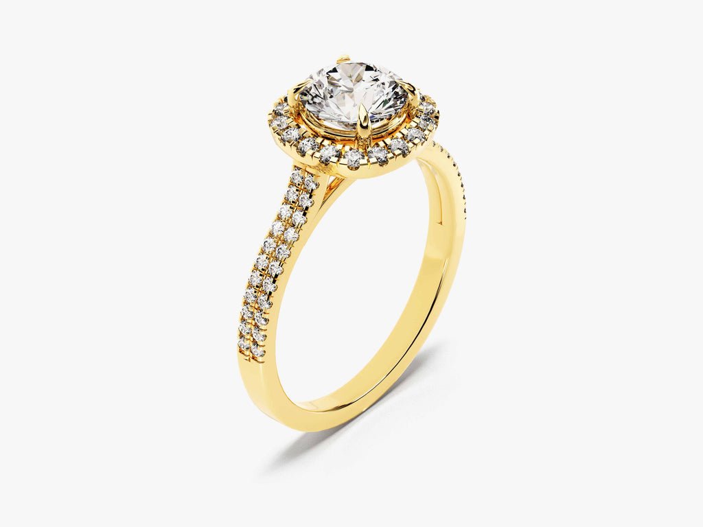 Close-up of round cut center diamond in pave engagement ring