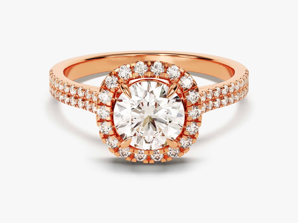 Round pave diamond ring displayed on jewelry stand