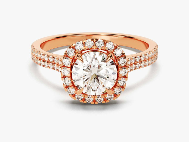Round pave diamond ring displayed on jewelry stand