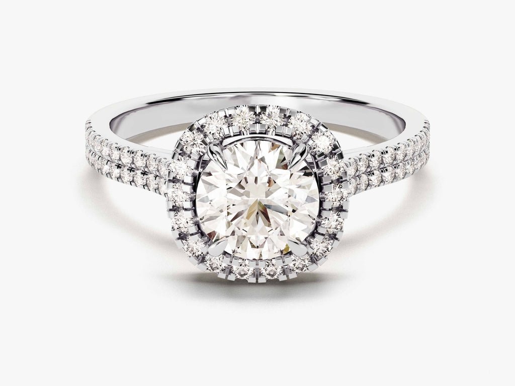 Angled view of round cut diamond in pave setting