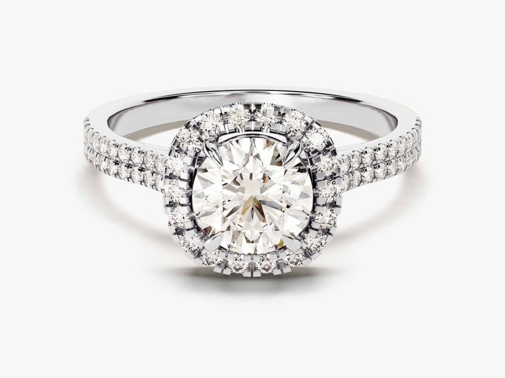 Angled view of round cut diamond in pave setting