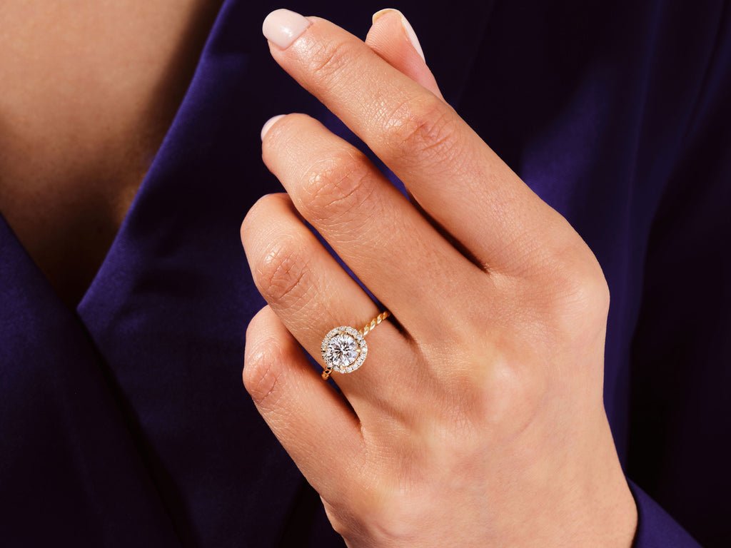 Round halo engagement ring with IGI certificate and packaging