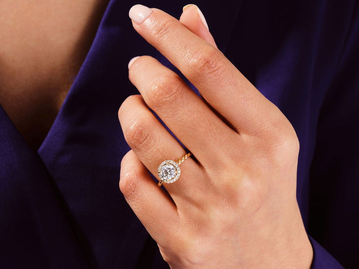 Round halo engagement ring with IGI certificate and packaging