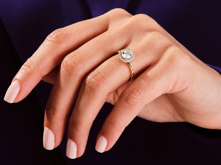 Round halo lab grown diamond ring in jewelry gift box
