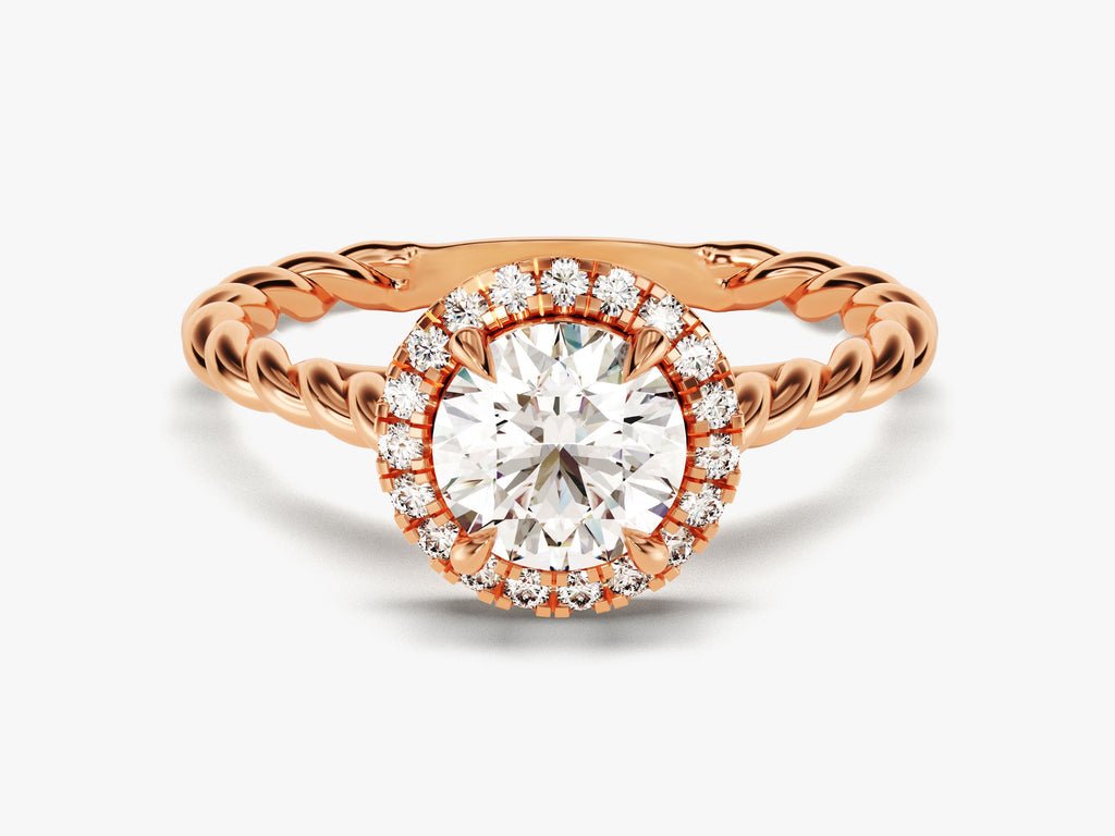 Round halo diamond ring presented in signature gift packaging