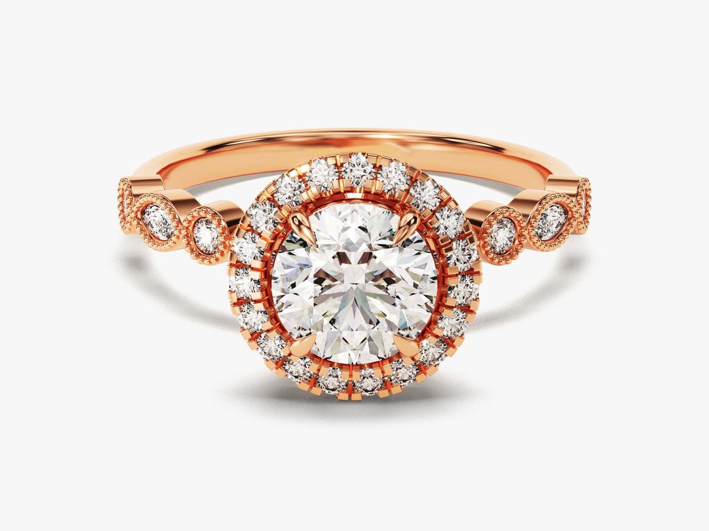 Round halo engagement ring close-up highlighting diamond sparkle