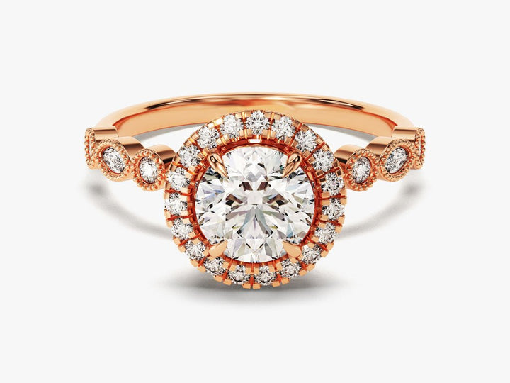 Round halo engagement ring close-up highlighting diamond sparkle