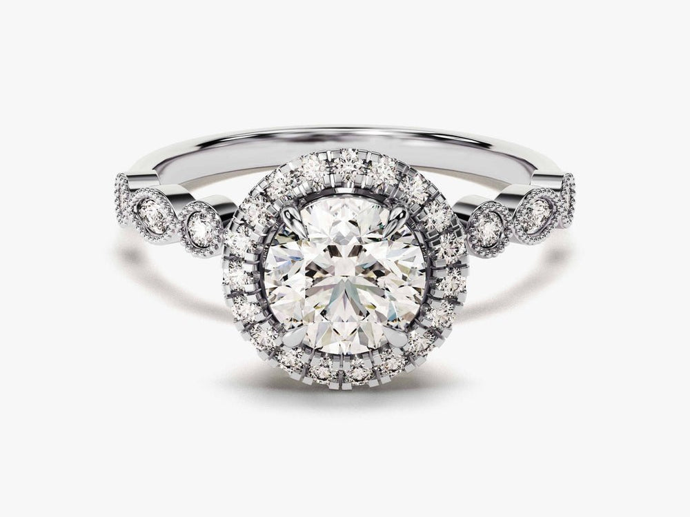 Round halo engagement ring close-up showing high clarity diamond clarity