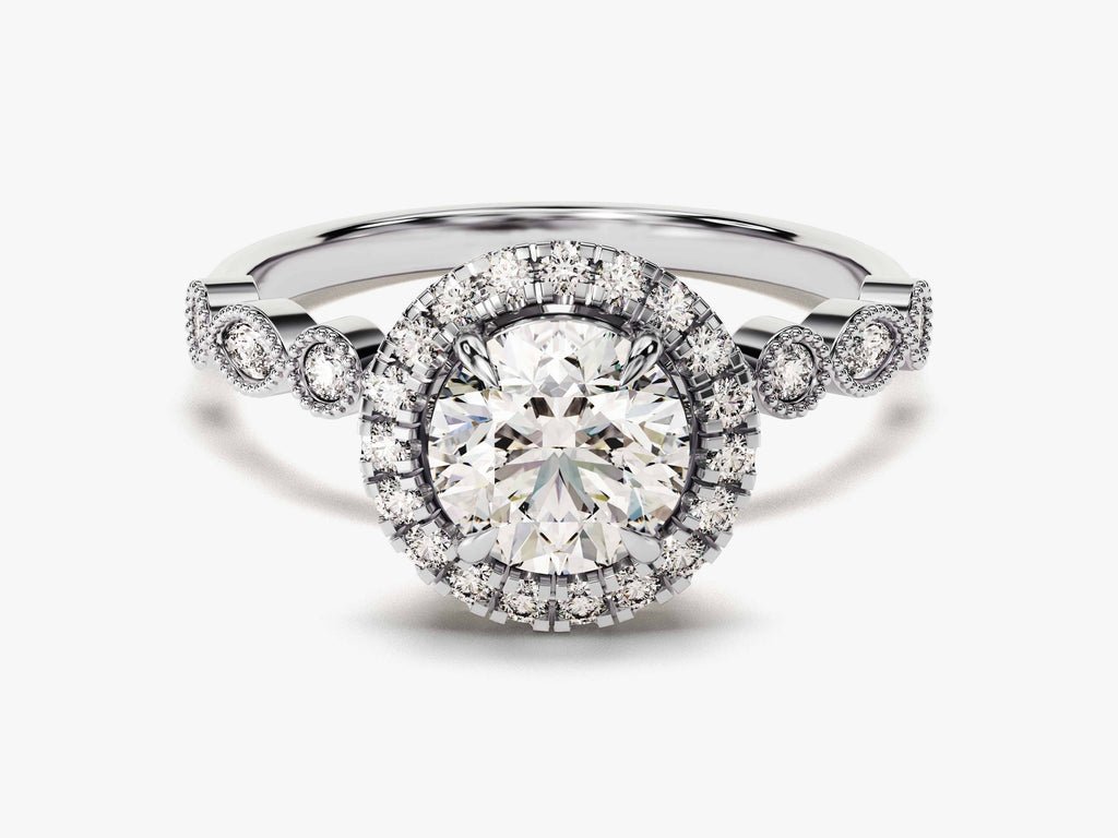 Round halo engagement ring close-up showing high clarity diamond clarity