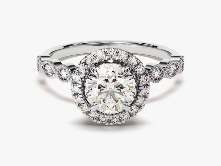 Round halo engagement ring close-up showing high clarity diamond clarity