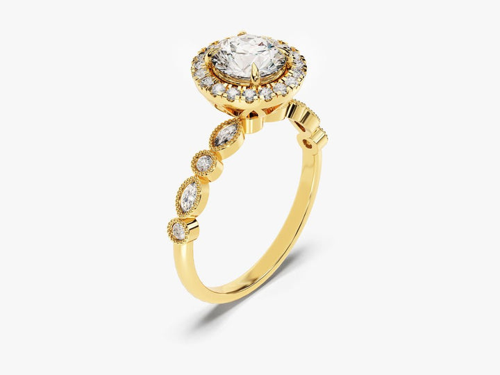 Detailed close-up of round halo diamond engagement ring
