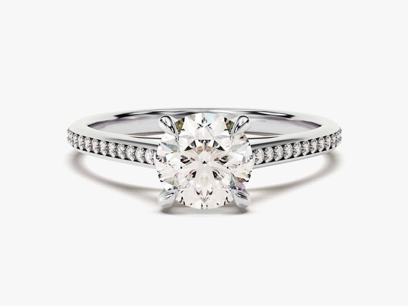 Certified round cut diamond featured in solitaire engagement ring