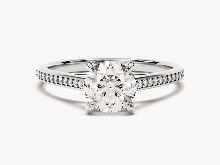 Certified round cut diamond featured in solitaire engagement ring