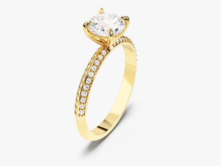 Certified round cut diamond featured in milgrain engagement ring