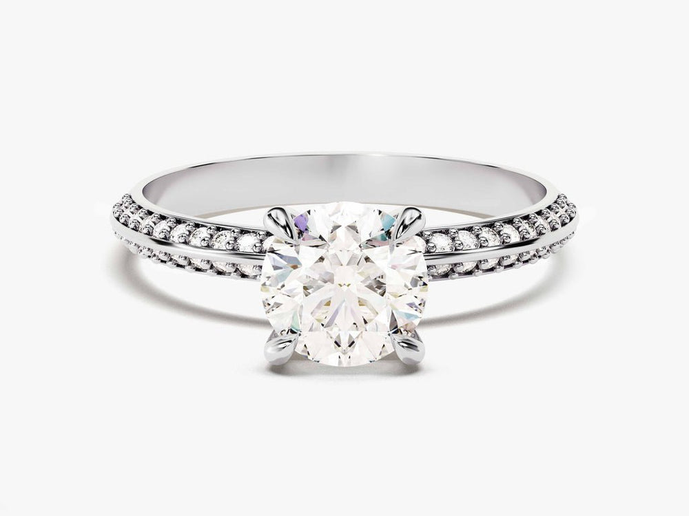 IGI certified round cut diamond in milgrain engagement ring setting