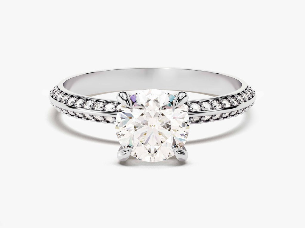 IGI certified round cut diamond in milgrain engagement ring setting