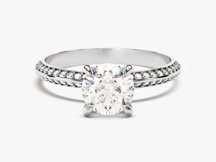 IGI certified round cut diamond in milgrain engagement ring setting