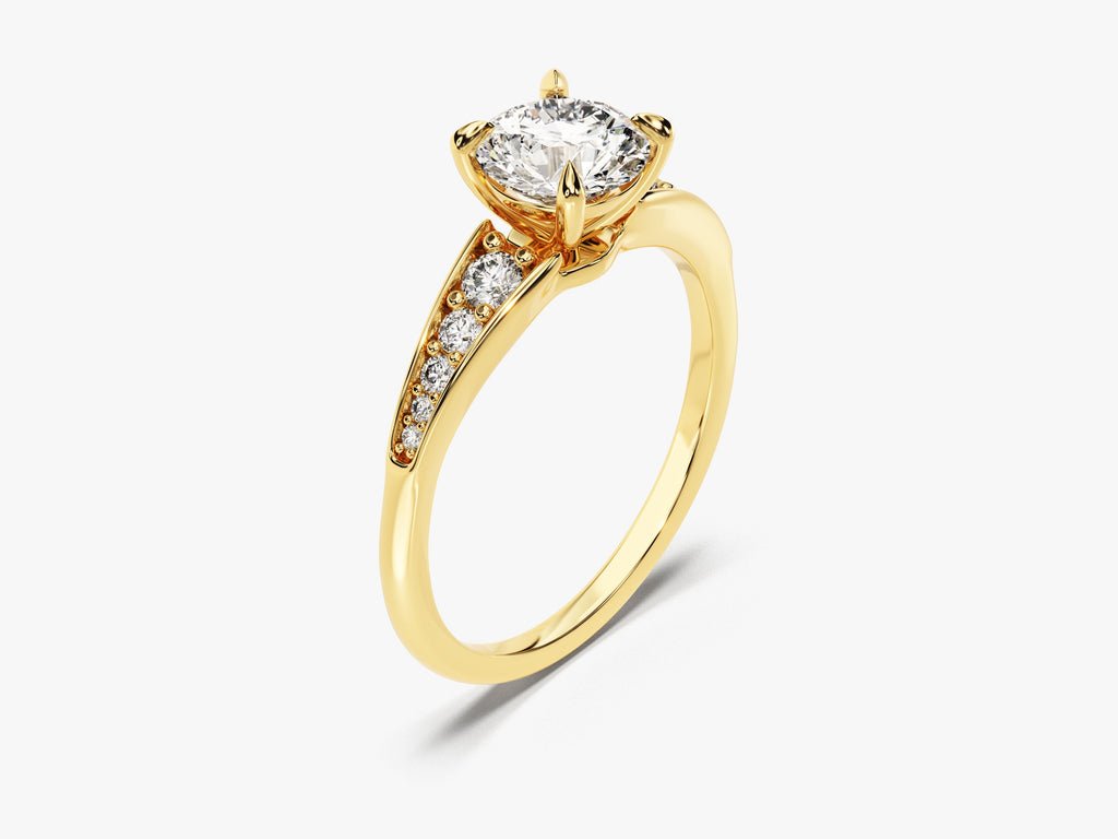 Round cut engagement ring side view showing band detail