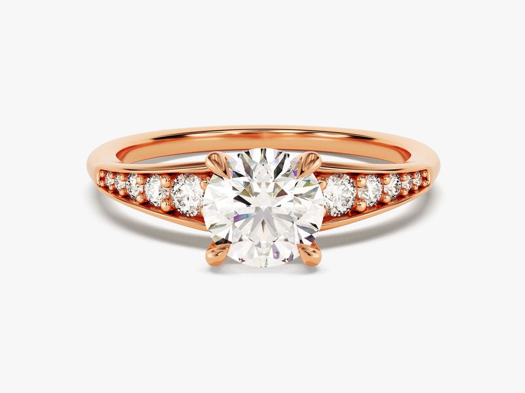 Detailed close-up of round pave diamond engagement ring