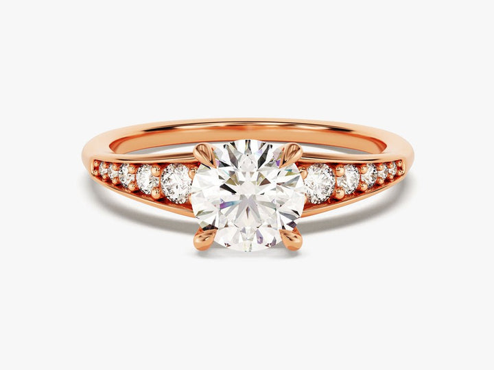 Detailed close-up of round pave diamond engagement ring
