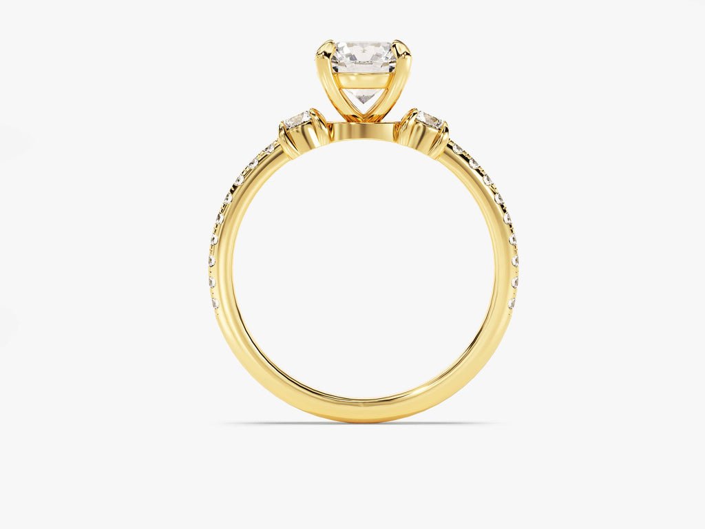 Round pave diamond ring displayed on jewelry stand