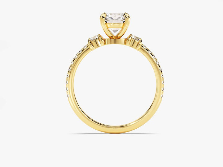 Round pave diamond ring displayed on jewelry stand