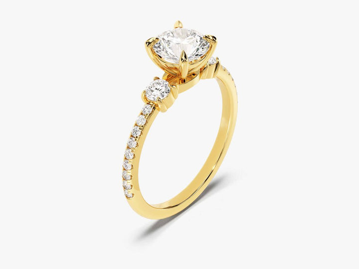 Angled view of round cut diamond in pave setting