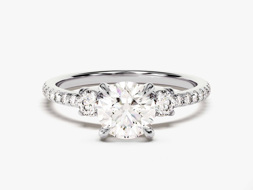 Round pave engagement ring photographed in natural light