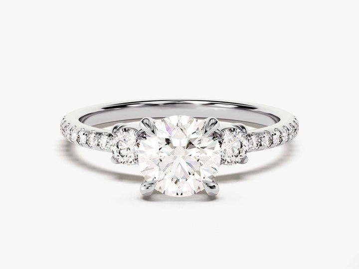 Round pave engagement ring photographed in natural light