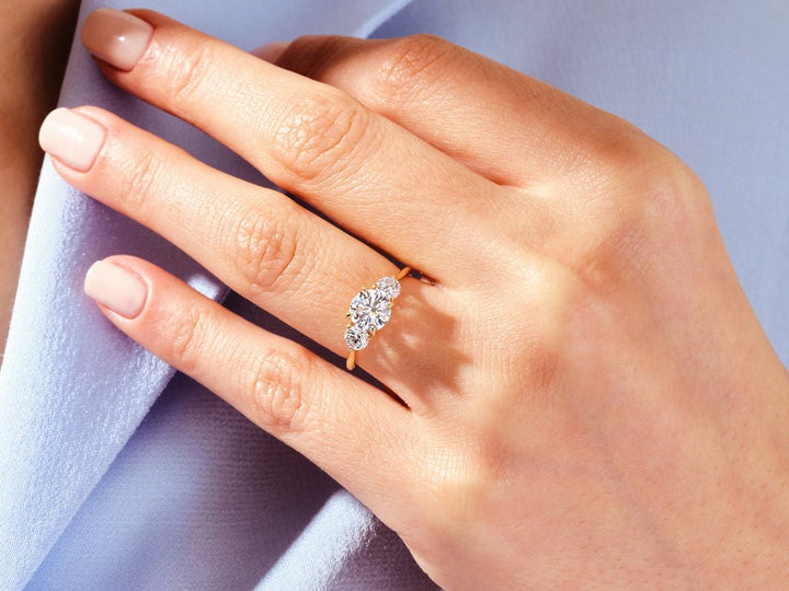 Round solitaire lab grown diamond ring side profile in gold setting