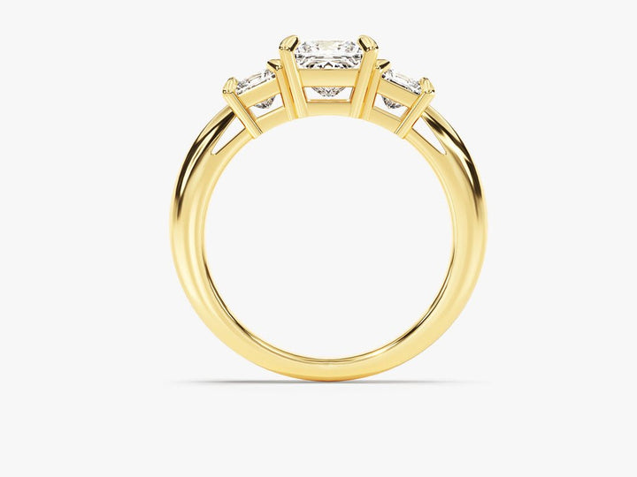 Princess solitaire lab grown diamond ring side profile in gold setting