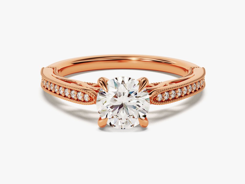 Unboxing view of round cut vintage diamond engagement ring