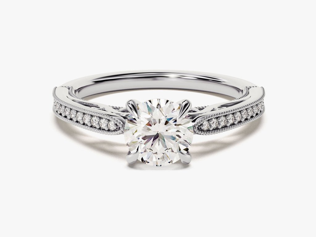 Round vintage engagement ring with IGI certificate and packaging