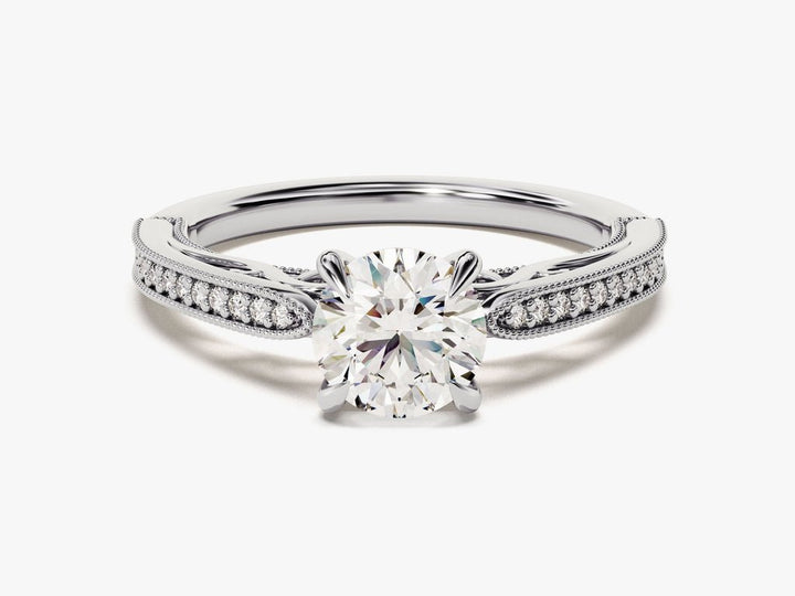 Round vintage engagement ring with IGI certificate and packaging