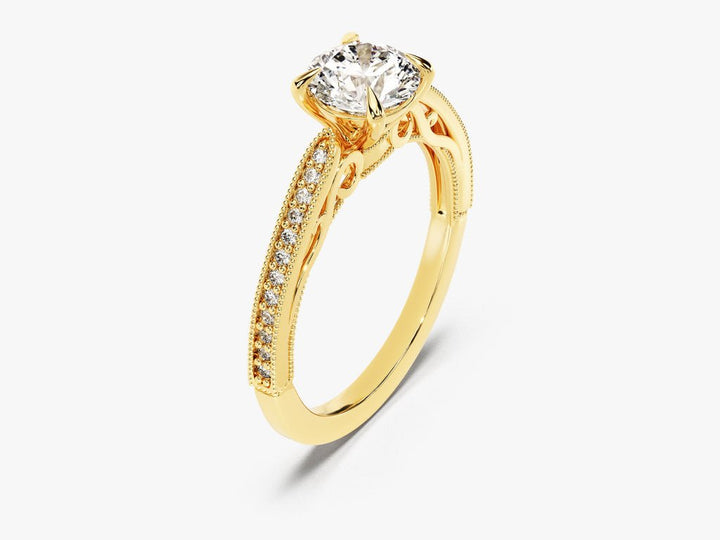 Round vintage lab grown diamond ring in jewelry gift box