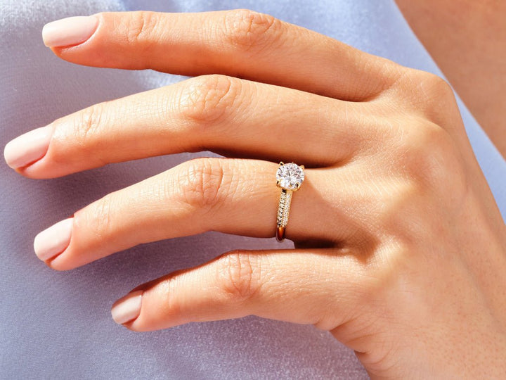 Round pave lab grown diamond ring side profile in gold setting