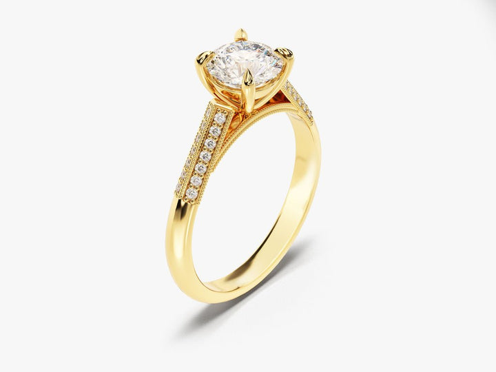 Close-up of round cut center diamond in pave engagement ring