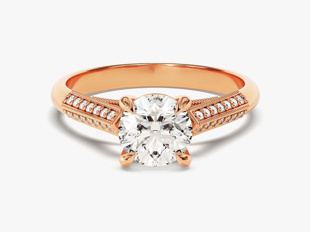 Round pave engagement ring close-up highlighting diamond sparkle